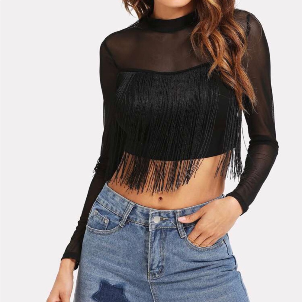 Shein Fringe Black Sheer Mesh Top XS